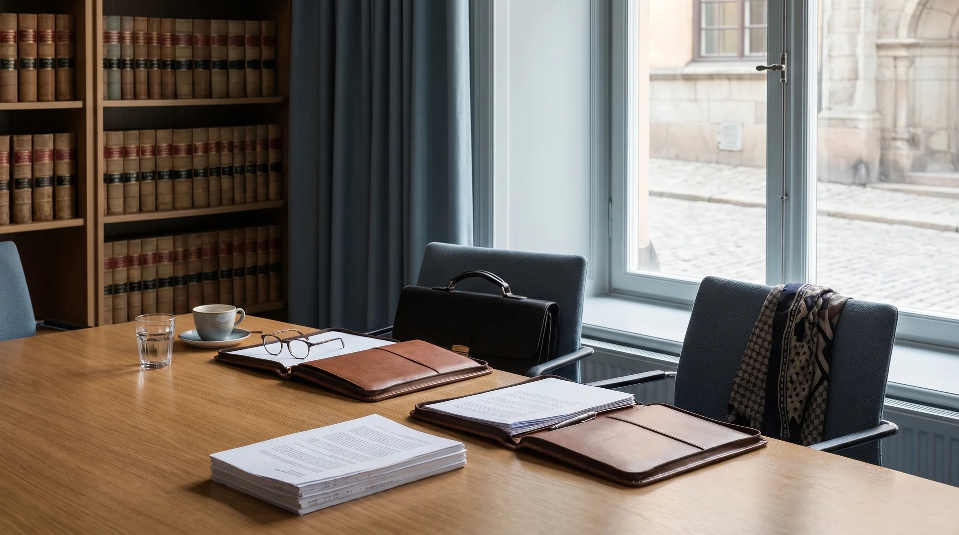 Kontorsbord med dokument, läderportföljer och lagböcker vid fönster